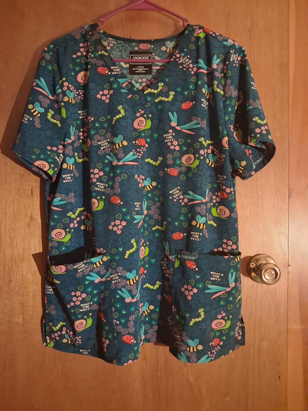 Cherokee Teal Scrub Top with Colorful Bug and Floral Print